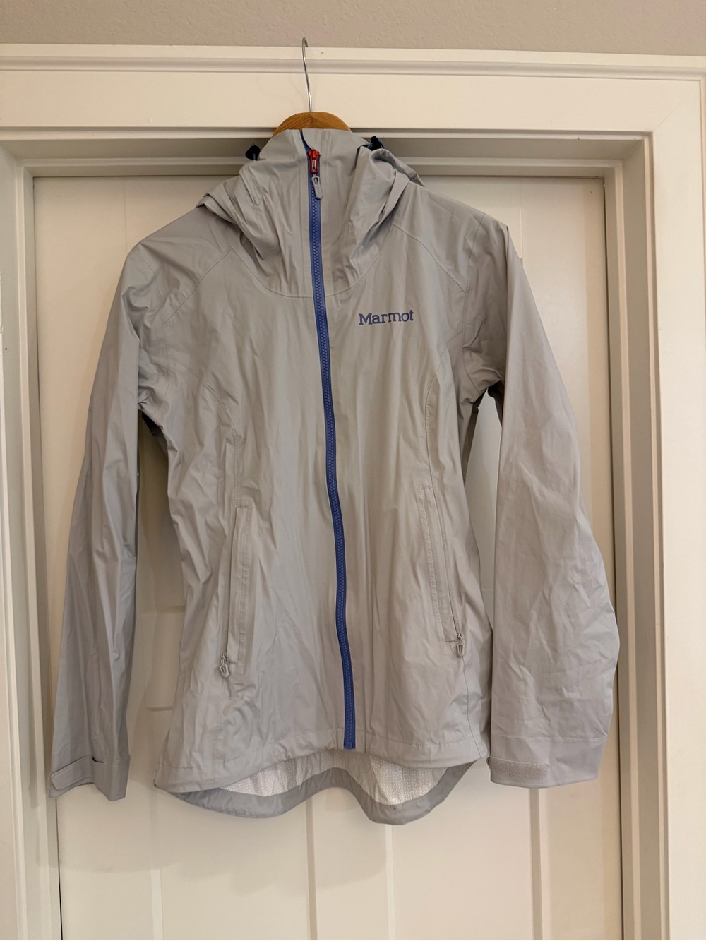 Marmot Light Gray Hooded Waterproof Jacket with Blue Zipper